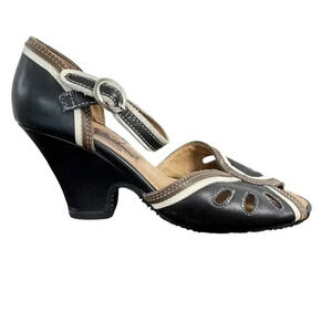 Fly Girl by Fly London Women’s 38 Wedge Retro Flapper 20s Leather Peep Toe Black